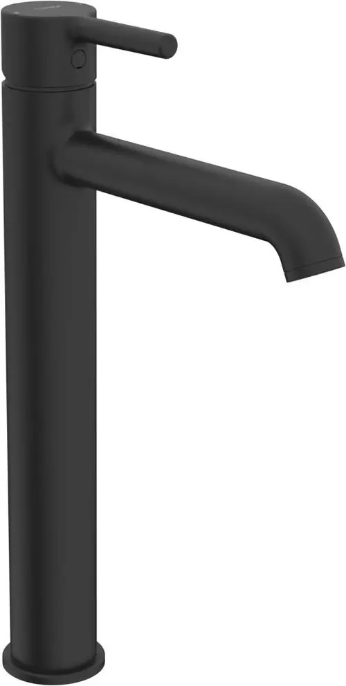 Schwarze Waschtischarmatur von HANSA mit einem hohen, schlanken Design und einem geraden Auslauf. Der Bedienhebel befindet sich an der Oberseite.